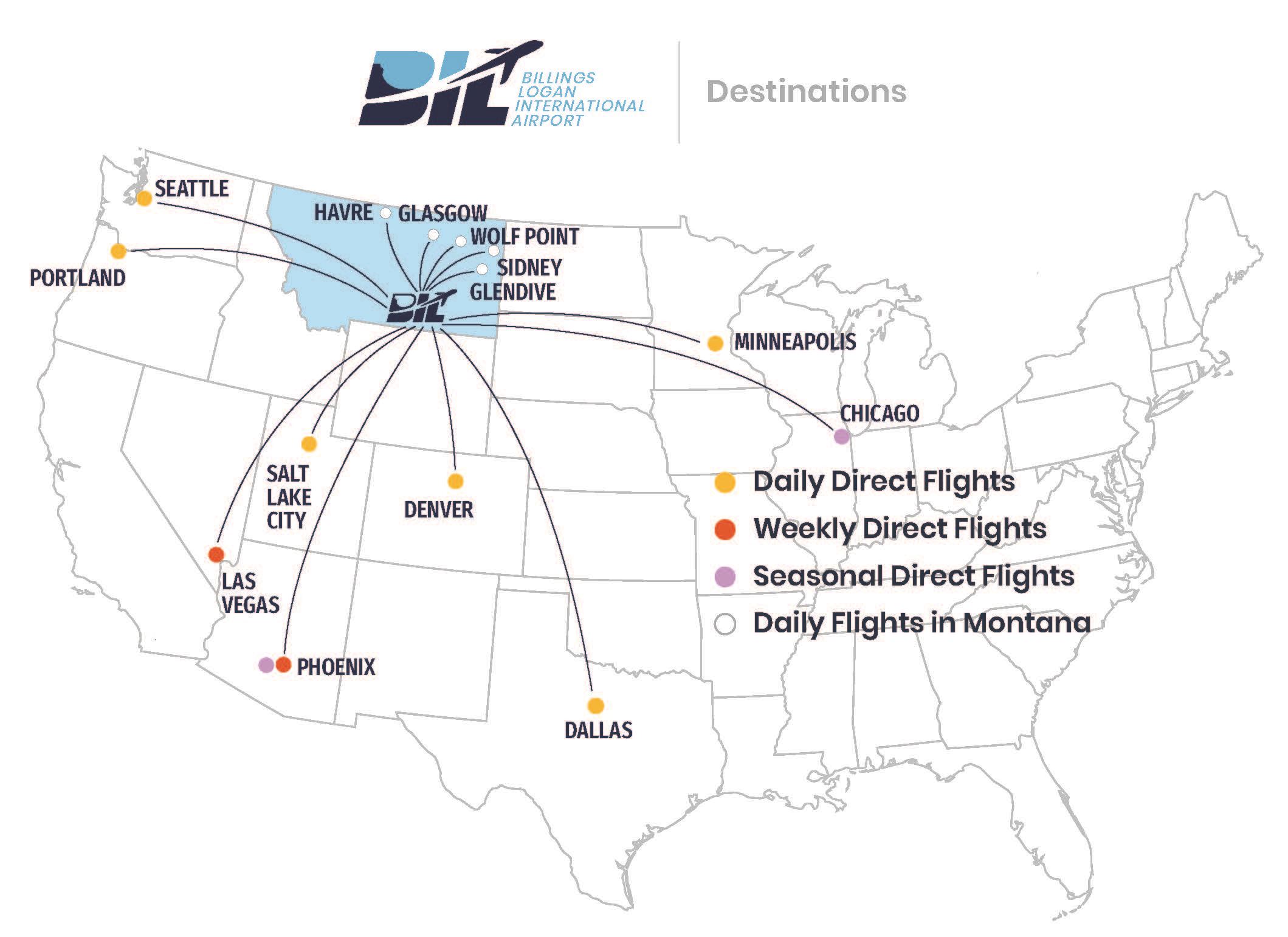 BIL Flight Map - Direct Destinations Map